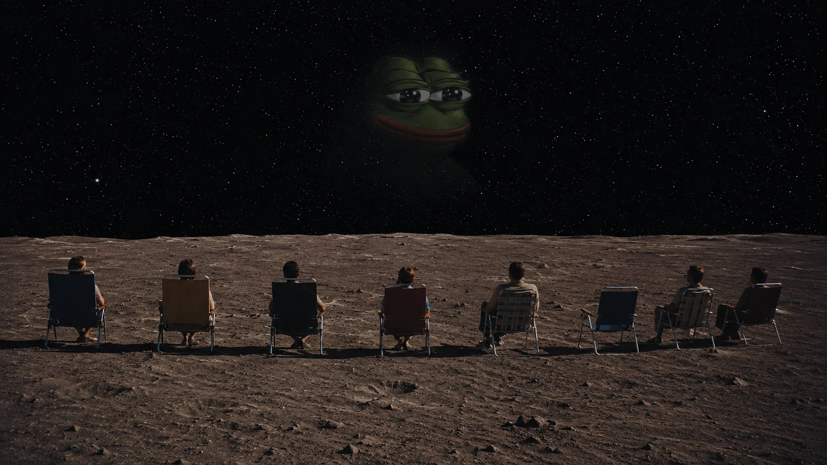 A small quiet group of observers and empty chairs watch Pepe from the Moon