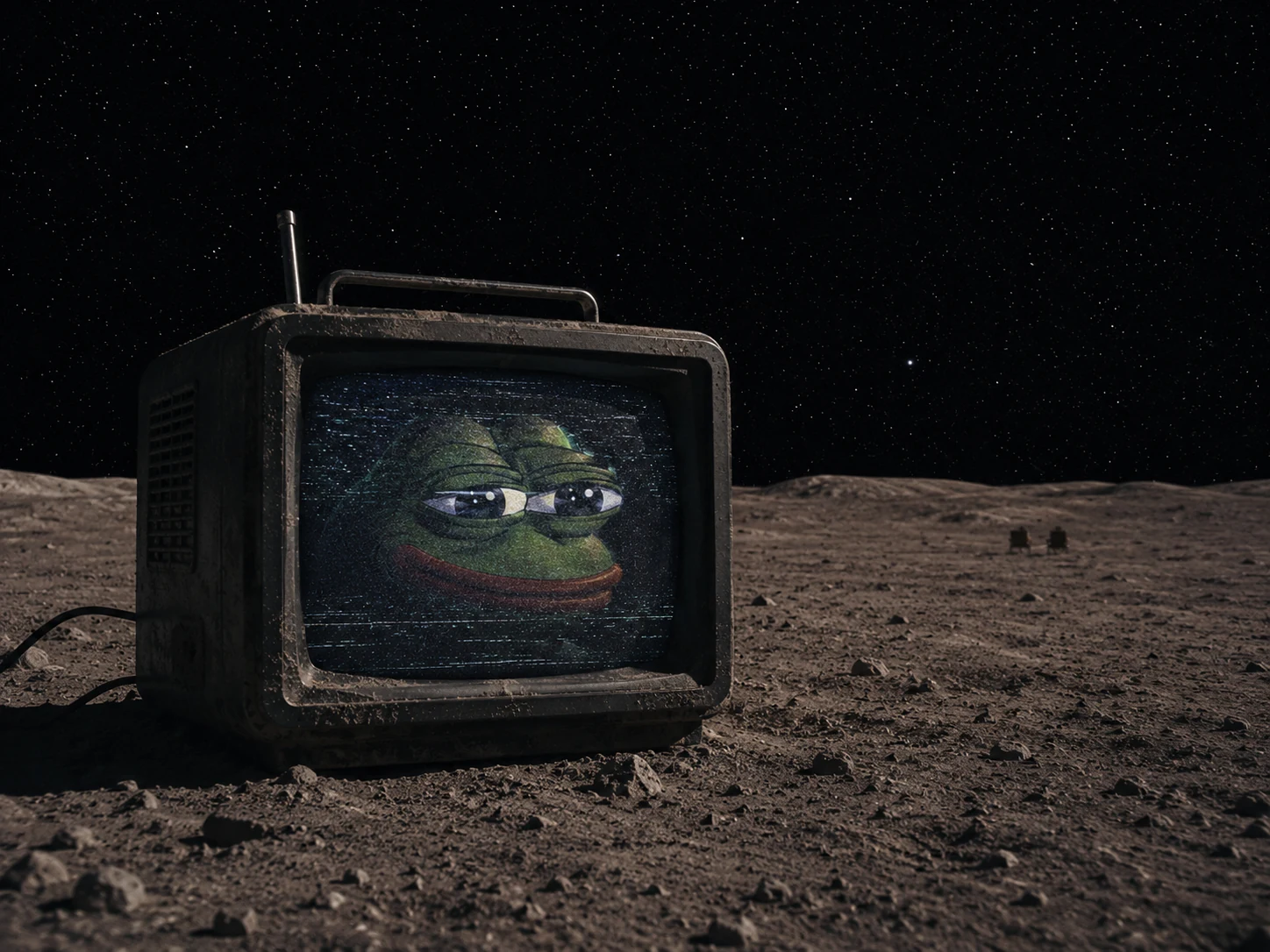 A dusty vintage CRT television on the Moon displays a degraded Pepe signal