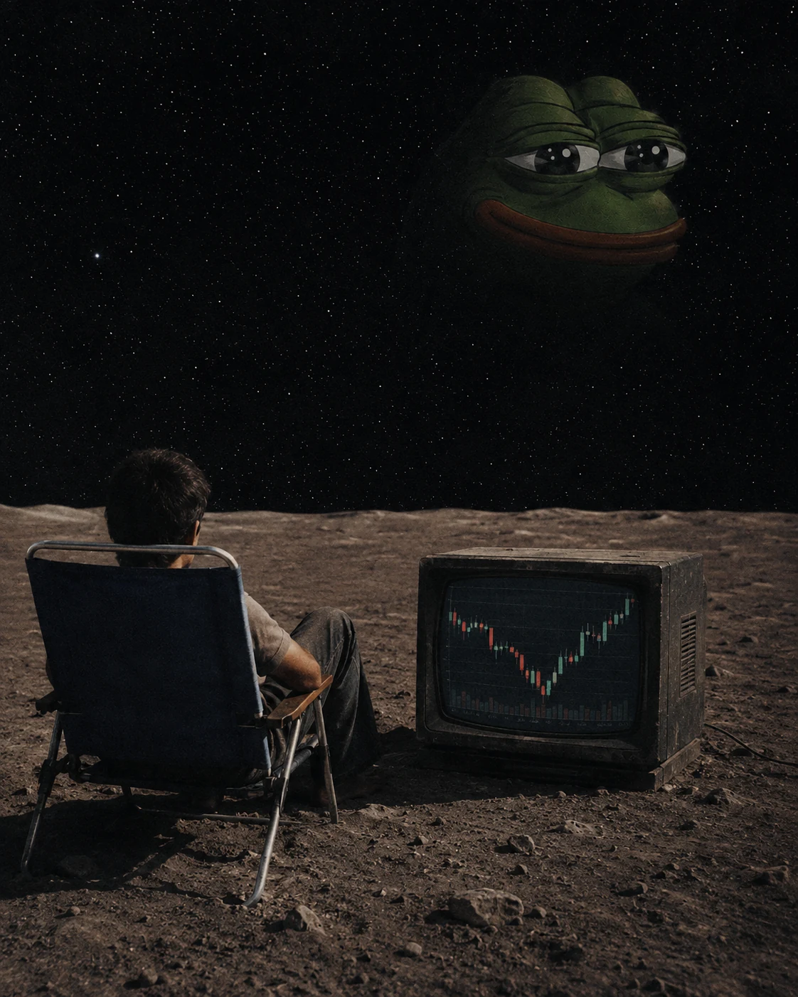 An observer sits beside an old CRT chart while Pepe remains in the lunar sky