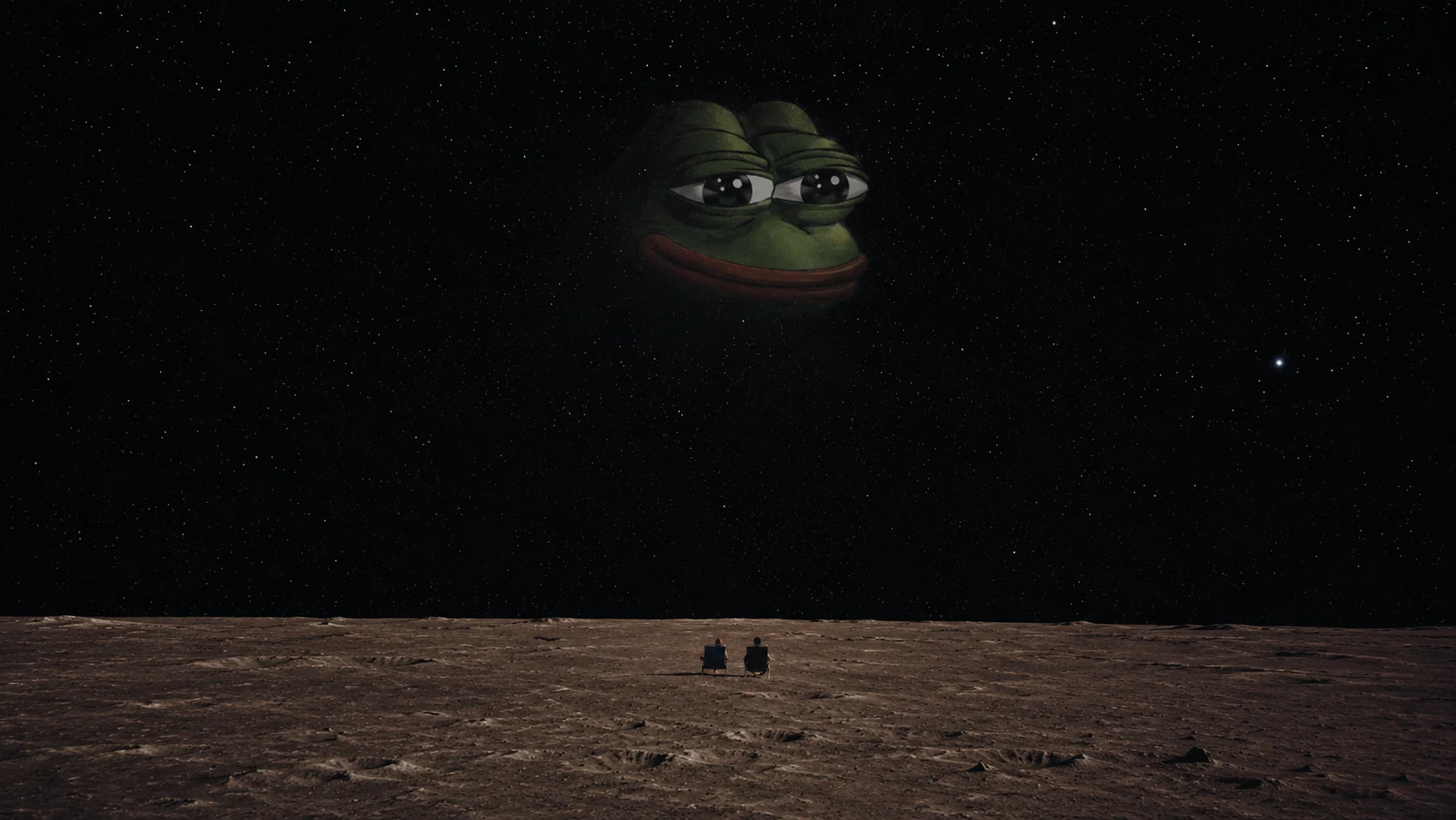 Two tiny observers sit far away beneath the distant Pepe in a vast empty sky